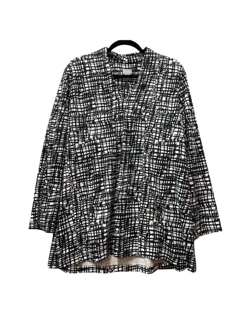 Chico's Pima Cotton Abstract Tunic Top Black White Size 3 Women's XL Split Neck